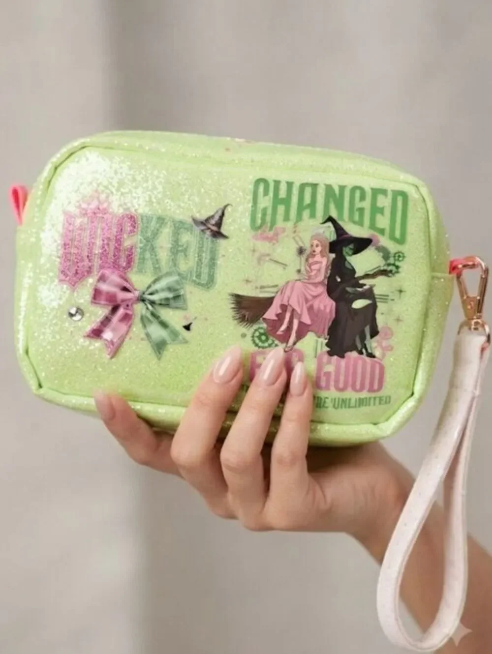 Whimsical Green & pink witches glitter wristlet or clutch